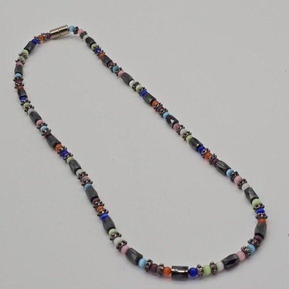 Hematite Magnetic Clasp Necklace Multicolor Glass Beads Boho Chunky - Picture 1 of 6